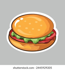 Hamburger sticker. The burger has golden brown buns studded with white sesame seeds. Between the buns there is fresh lettuce, red tomato and cutlet.