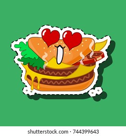 Hamburger sticker with enamored face. Smile with emotion "love" on a green background.. A hot burger with heart-eyes.The contents of the burger superficially reflect the emotion.Vector EPS10