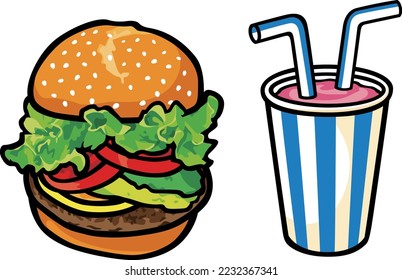 Hamburger strawberry milk shake vector illustration