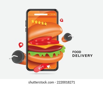 Hamburger stuffed with roast beef,cheese,tomatoes and green lettuce displayed on the smartphone screen,vector 3d isolated on white background for fast food delivery advertising design