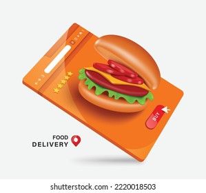 Hamburger stuffed with roast beef,cheese,tomatoes and green lettuce displayed on web browser,vector 3d isolated on white background for fast food delivery advertising design