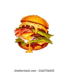Hamburger in the style pixel art and the words    Bon appetite!