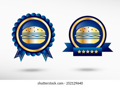 Hamburger stylish quality guarantee badges. Blue colorful promotional labels