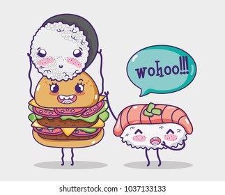 Hamburger and sushis kawaii cartoons