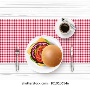 Hamburger with tableware and cup of black coffee on wooden table
