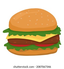 Hamburger tasty sandwich. Hand drawn vector illustration in flat style. Single fast food doodle. Cartoon clipart isolated on white background.