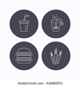 Hamburger, tea bag and soft drink icons. Carrot linear sign. Flat icons in circle buttons on white background. Vector