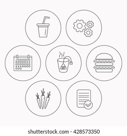 Hamburger, tea bag and soft drink icons. Carrot linear sign. Check file, calendar and cogwheel icons. Vector