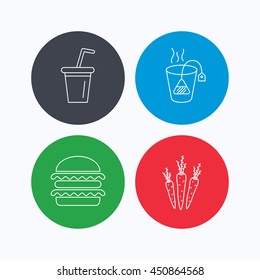 Hamburger, tea bag and soft drink icons. Carrot linear sign. Linear icons on colored buttons. Flat web symbols. Vector