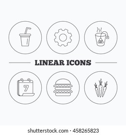Hamburger, tea bag and soft drink icons. Carrot linear sign. Flat cogwheel and calendar symbols. Linear icons in circle buttons. Vector
