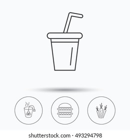 Hamburger, tea bag and soft drink icons.