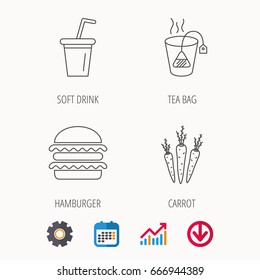Hamburger, tea bag and soft drink icons. Carrot linear sign. Calendar, Graph chart and Cogwheel signs. Download colored web icon. Vector