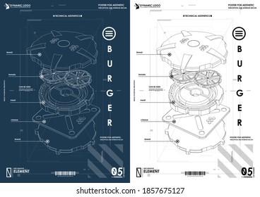 Hamburger in a technical style. Design and development, testing, SEO, social marketing, web technology. Concept of Hud poster with UI UX elements.