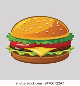 Hamburger with tomato, lettuce, cheese, onion, Burger flat vector icon, Hamburger 3d cartoon vector icon isolated on white background