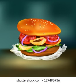 Hamburger with tomato, lettuce, onion and meat.Fast food.Vector