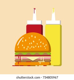 Hamburger Tomato sauce and Mustard Sauce in flat style isolated on background. Fast food concept, Vector illustration EPS10.