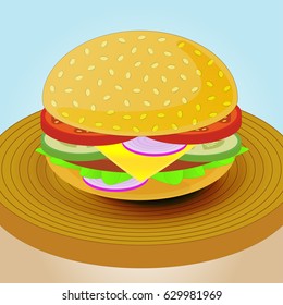 Hamburger with tomatoes, cucumber, onion, cheese and salad lies on a wooden board.