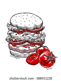 Hamburger and tomatoes hand sketch. Burger include cutlet, tomato, cucumber and salad isolated on white background. Vector illustration for poster, menu, web, banner, info graphic, etc.