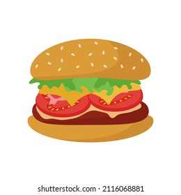 Hamburger is a traditional sandwich with a cutlet, bun, tomato, salad, cheese for the concept of fast food. Vector illustration for design or decoration.