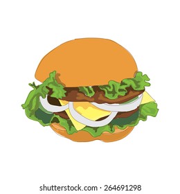 Hamburger with two patties and onions. vector