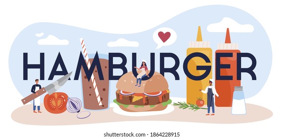Hamburger typographic header. Chef cook tasty hamburger with cheese, tomato and beef between delicious bun. Fast food restaurant. Isolated flat vector illustration
