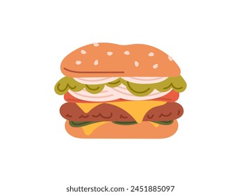 Hamburger, unhealthy junk fast food meat cutlet, hamburger sandwich with double cheese, american snack, beef onion food meal isoalated on white background flat vector illustration.