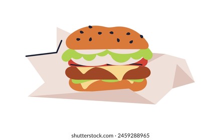 Hamburger, unhealthy junk fast food meat cutlet, hamburger sandwich with double cheese, american snack, beef onion food meal isoalated on white background flat vector illustration.
