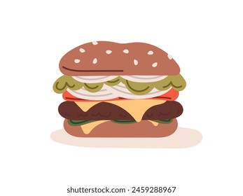 Hamburger, unhealthy junk fast food meat cutlet, hamburger sandwich with double cheese, american snack, beef onion food meal isoalated on white background flat vector illustration.
