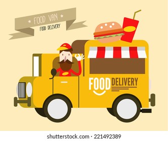 Hamburger Van. Fast Food Delivery. Flat Design Vector Illustration Background