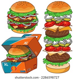 Hamburger vector cartoon illustration. Hamburger, hamburger box and hamburger ingredients vector cartoon illustration