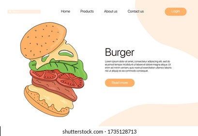 Hamburger vector cartoon landing page template. American fast food cheeseburger with bun, leaves lettuce, cheese, tomato, beef, sauce. Classic burger for cafe, restaurant, menu website design.