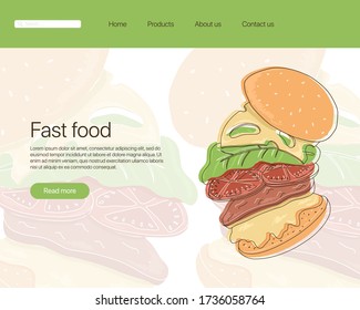 Hamburger vector cartoon landing page template. American fast food cheeseburger with bun, leaves lettuce, cheese, tomato, beef, sauce. Classic burger for cafe, restaurant, menu website design.