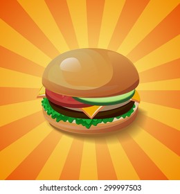 Hamburger vector concept. Design element for cafe and restaurant menu illustration, fast food poster or for logotype. 3d cartoon design of food. Diet and unhealthy eating habits illustration.
