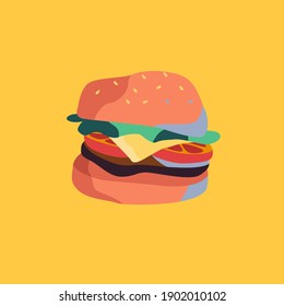 Hamburger vector flat illustration on yellow background 
