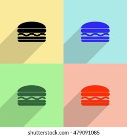Hamburger vector icon - colored set with long  shadow