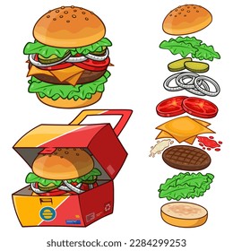 Hamburger vector illustration. Hamburger, hamburger box and hamburger ingredients vector illustration.