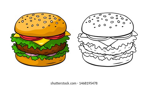 Hamburger vector illustration. Coloring book page.