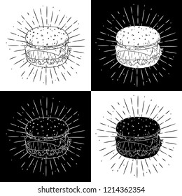 Hamburger. Vector illustration with Hamburger and divergent rays. Used for poster, banner, web, t-shirt print, bag print, badges, flyer, logo design and more. 