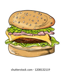 hamburger vector illustration, isolated, menu, loaf of bread with stuffing and sesame seeds