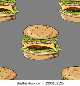hamburger vector illustration, isolated, menu, loaf of bread with stuffing and sesame seeds seamless pattern