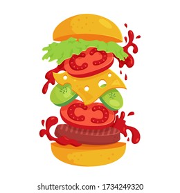 Hamburger - vector illustration isolated on white background. Fast food concept with flying ingredients. Juicy and attractive burger for design of restaurant menu or advertisement poster.
