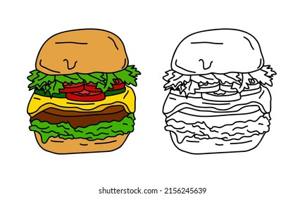 Hamburger Vektorgrafik einzeln auf weißem Hintergrund, schwarz und farbig. Vektoraufkleber-Symbol.