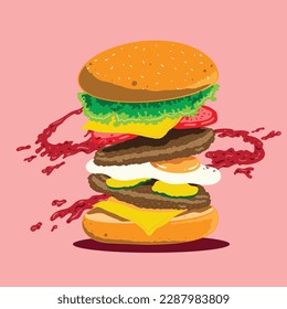 Hamburger vector illustration. Isolated on a pink background.