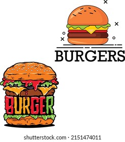 Hamburger vector illustration and lettering. Fast food cartoon style. Isolated on white background. Design for banner, poster, card, print, menu.