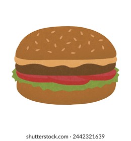 Hamburger vector illustration on white background. The burger has cheese, meat, tomato and lettuce.