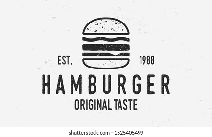 Hamburger Vector Logo Template. Vintage Burger Cafe Logo With Grunge Texture. Trendy Vintage Design.