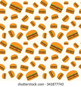 Hamburger Vector Pattern On Beige Background. Big Medium Small Cheeseburgers Pattern. Seamless Pattern. Fast Food Pattern. Hamburgers Pattern. Burger And Fast Food Background. Juicy Burger Vector.