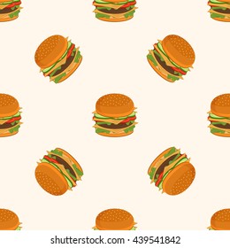 Hamburger Vector Pattern On Beige Bun Seamless Background. Big Medium Bun Small Cheeseburgers Seamless Pattern. Fast Food Hamburgers Pattern. Burger Bun And Fast Food Background.