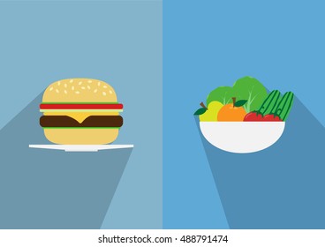 Hamburger and vegetables Balance between fast and healthy food. Diet, nutrition, fitness and health concept.