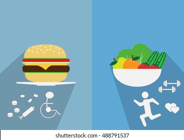 Hamburger and vegetables Balance between fast and healthy food. Diet, nutrition, fitness and health concept.